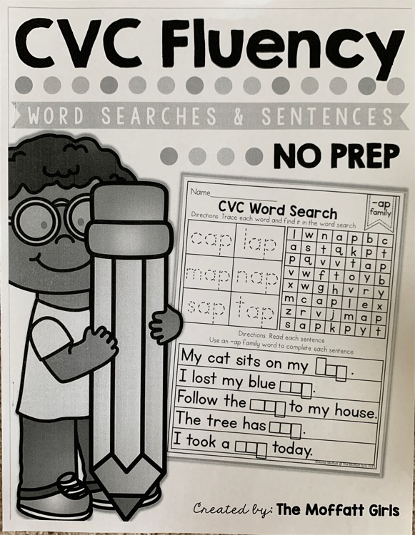 Cvc fluency word search & sentences