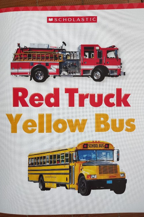 red truck yellow bus