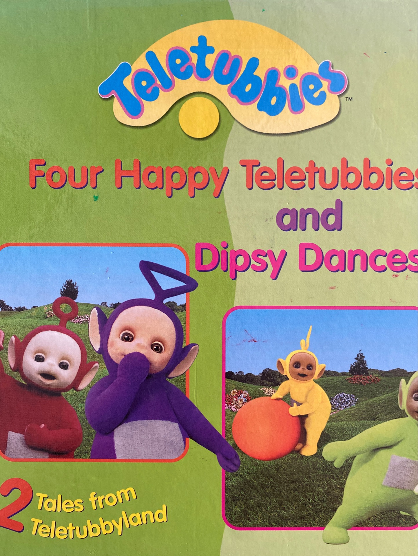 Four happy teletubbies and Dipsy dances