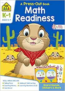 School Zone - Math Readiness Press-Out Workbook - 64 Pages, Ages 5 to 7, Kindergarten to 1st Grade, Manipulatives, Board Games, Telling Time, Numbers 0-20, Counting Money, Stickers, and More