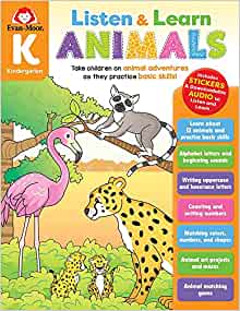 Evan-Moor Listen and Learn Animals, Grade K, Kindergarten, Activity Workbook, Includes Stickers and Audio read along, Basic Skills, Counting, Writing Letters, Matching Game, Art, Mazes, Homeschool