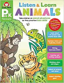 Evan-Moor Listen and Learn Animals, Grade PreK, Activity Workbook, Includes Stickers and Audio read along, Basic Skills, Counting, Writing Letters, Matching Game, Art Projects, Maze, Homeschool, Color