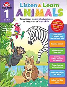 Evan-Moor Listen and Learn Animals, Grade 1, Activity Workbook, Includes Stickers and Audio read along, Basic Skills, Drawing, Comprehension, Addition, Matching Game, Art Projects, Mazes, Homeschool