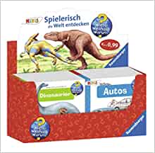 Verkaufs-Kassette "Ravensburger Minis 76 - Wieso? Weshalb? Warum? Nr. 10": Dinosaurier / Essen / Indianer / Autos. 4 Titel à 10 Exemplare