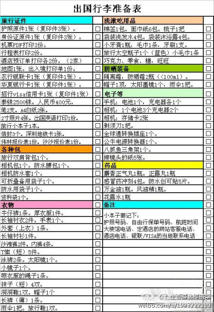 出國行李準(zhǔn)備表